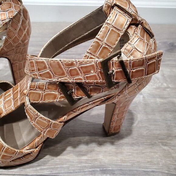Lane Bryant Women's Brown Faux Reptile Double Strap Heels Shoes Open Toe SZ 9W - Picture 10 of 15